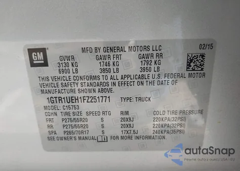 2015 GMC Sierra 1500 Sle from USA, damaged, VIN 1GTR1UEH1FZ251771